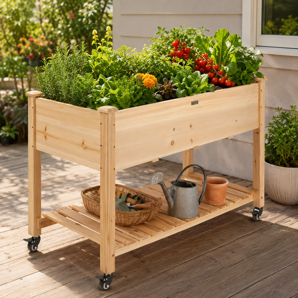 Elevated Wood Planter Box on Locking Wheels