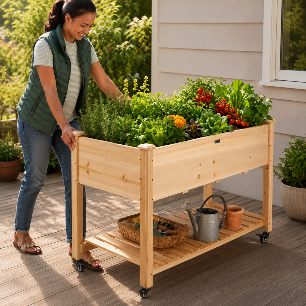 Elevated Wood Planter Box on Locking Wheels