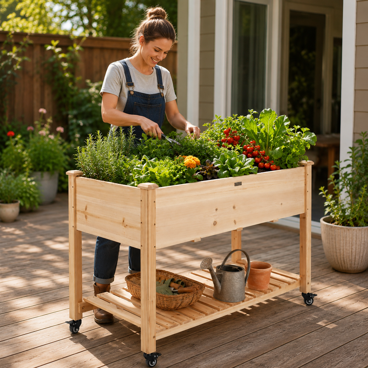 Elevated Wood Planter Box on Locking Wheels