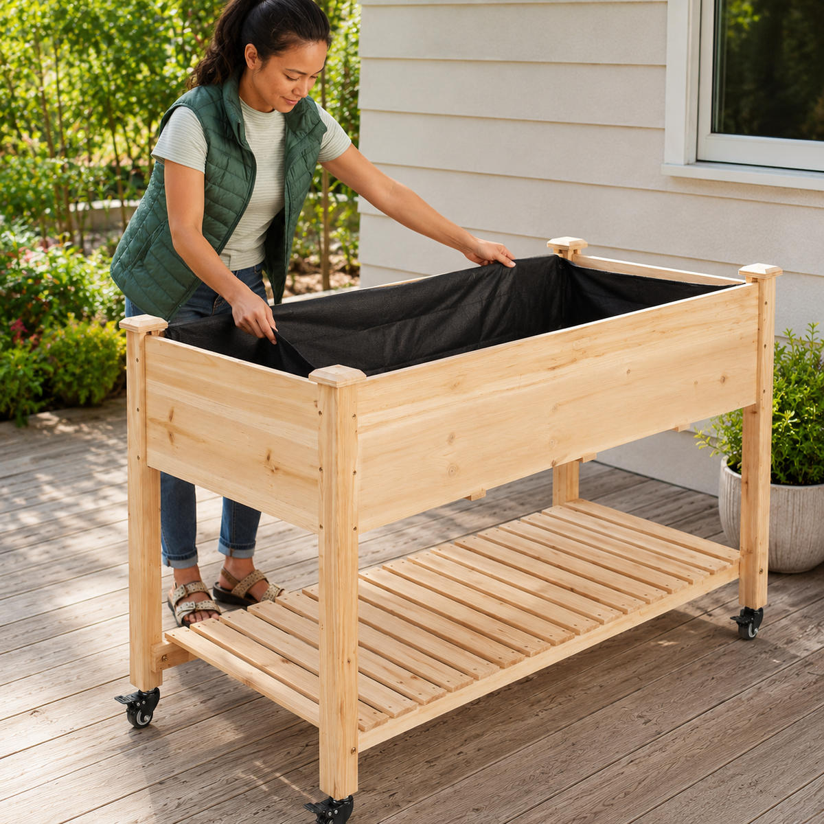 Elevated Wood Planter Box on Locking Wheels