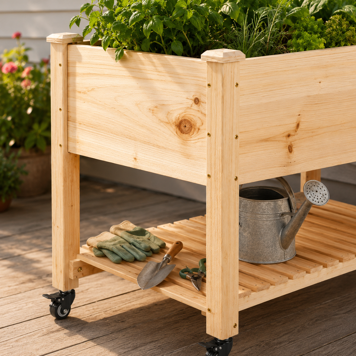 Elevated Wood Planter Box on Locking Wheels
