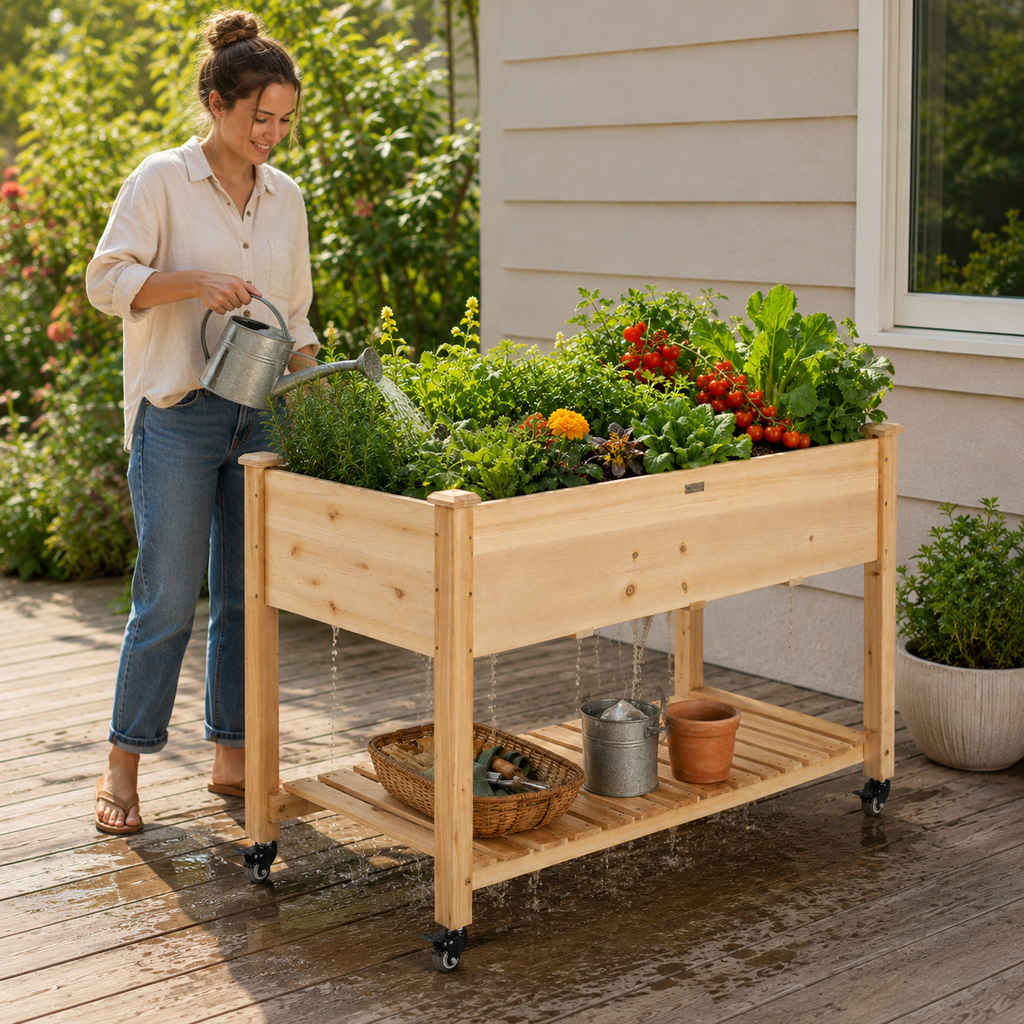 Elevated Wood Planter Box on Locking Wheels