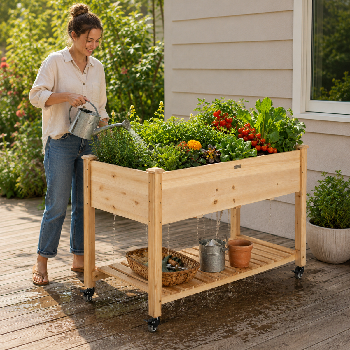 Elevated Wood Planter Box on Locking Wheels