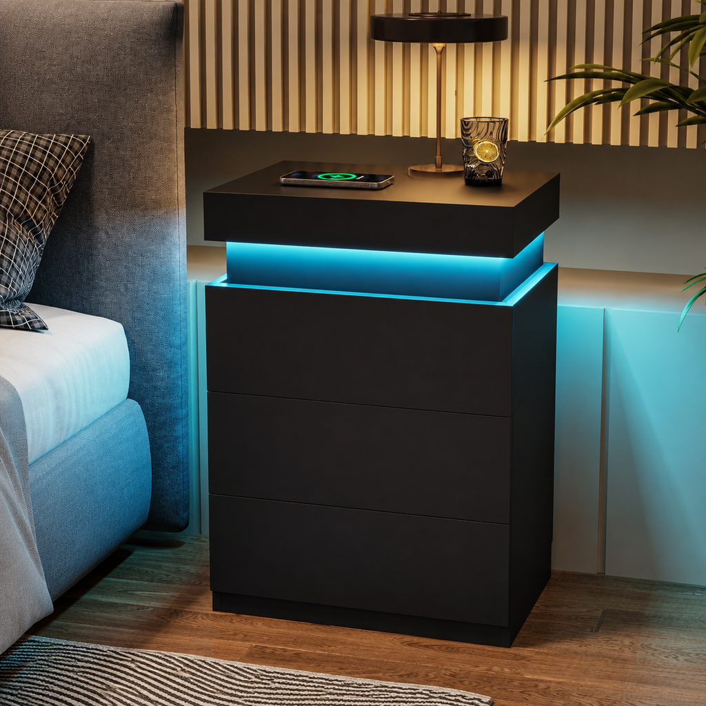 LED Nightstand with Wireless Charging & Storage