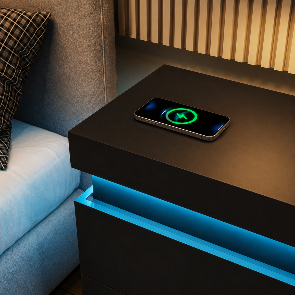LED Nightstand with Wireless Charging & Storage