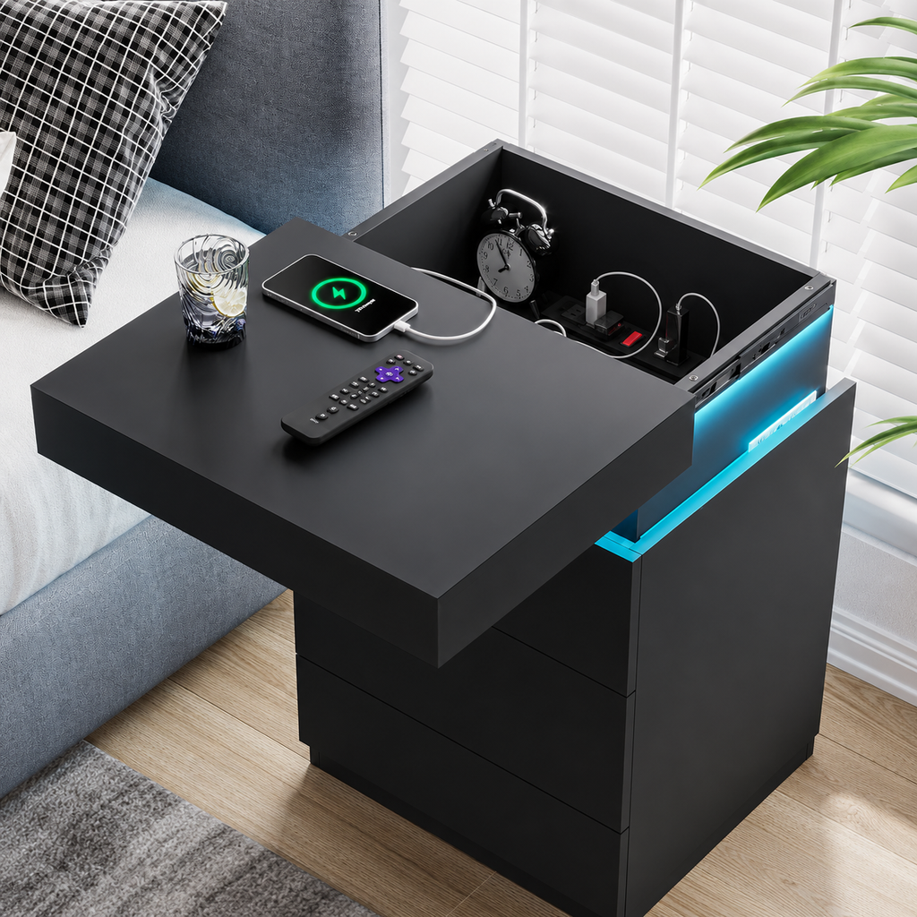 LED Nightstand with Wireless Charging & Storage