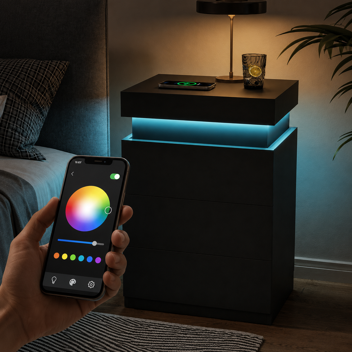 LED Nightstand with Wireless Charging & Storage