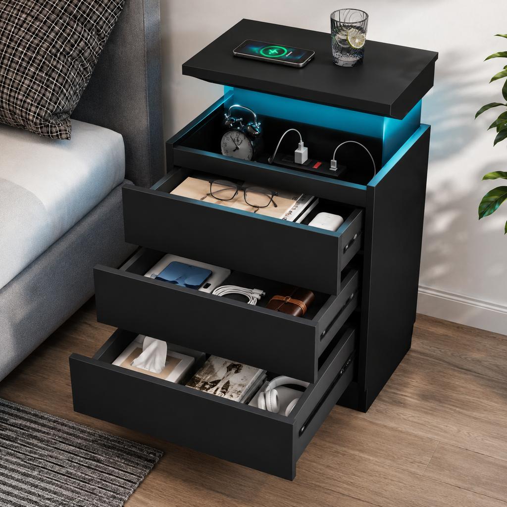 LED Nightstand with Wireless Charging & Storage