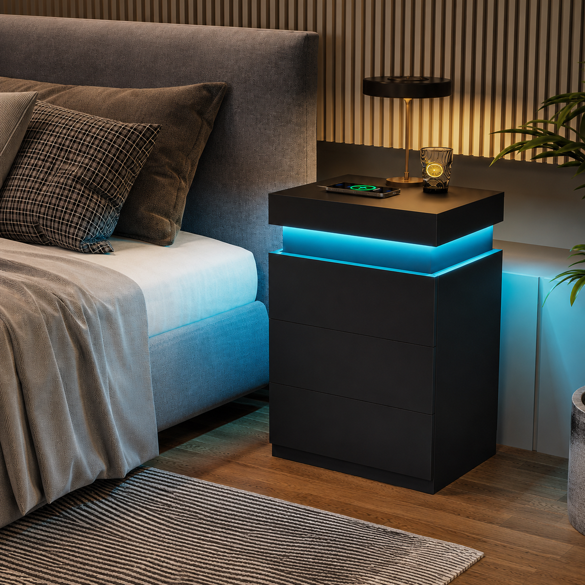 LED Nightstand with Wireless Charging & Storage