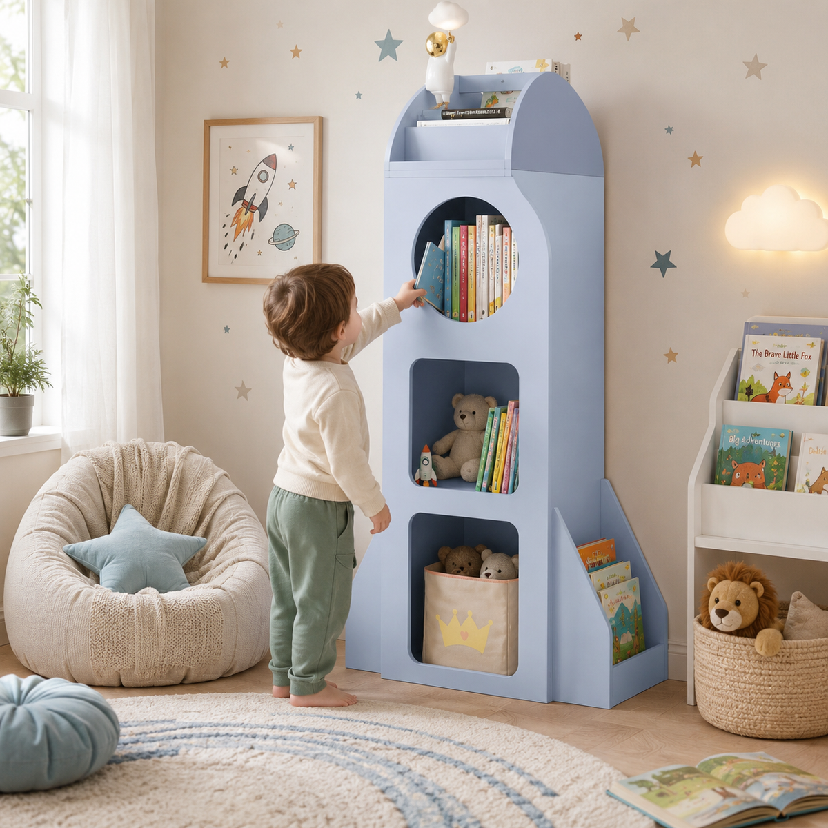 Rocket Ship Kids Bookshelf with Side Book Racks