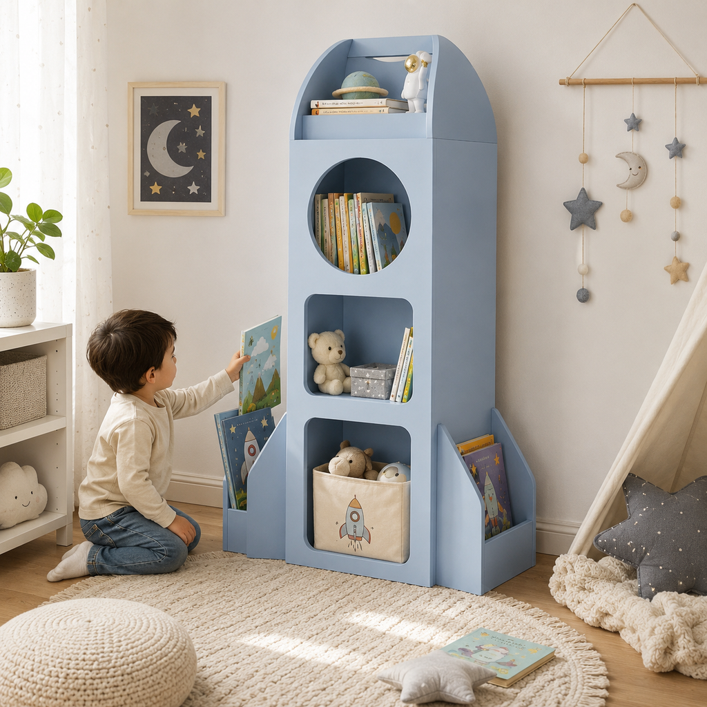 Rocket Ship Kids Bookshelf with Side Book Racks