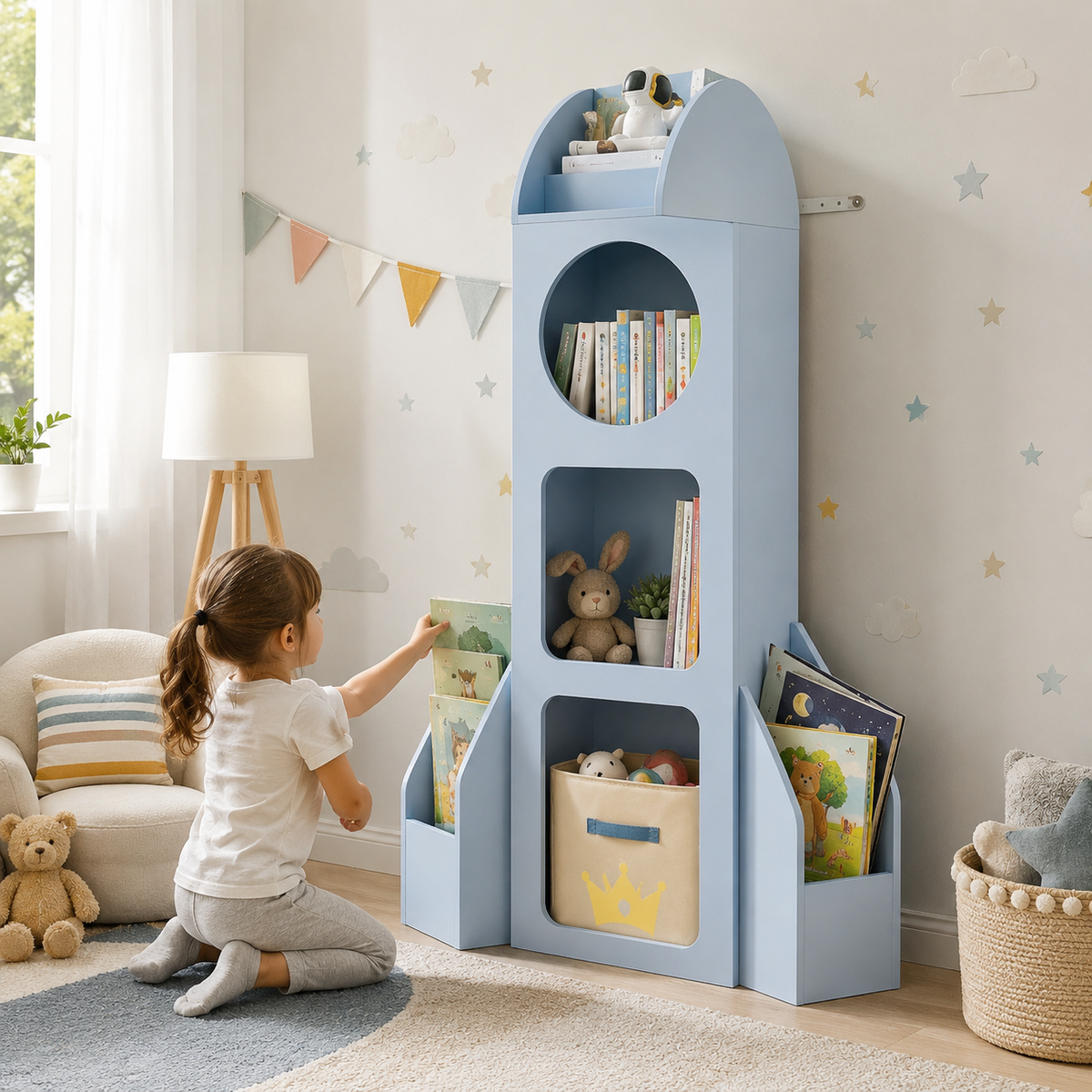 Rocket Ship Kids Bookshelf with Side Book Racks