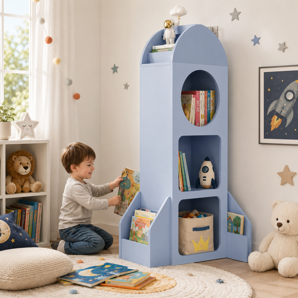 Rocket Ship Kids Bookshelf with Side Book Racks