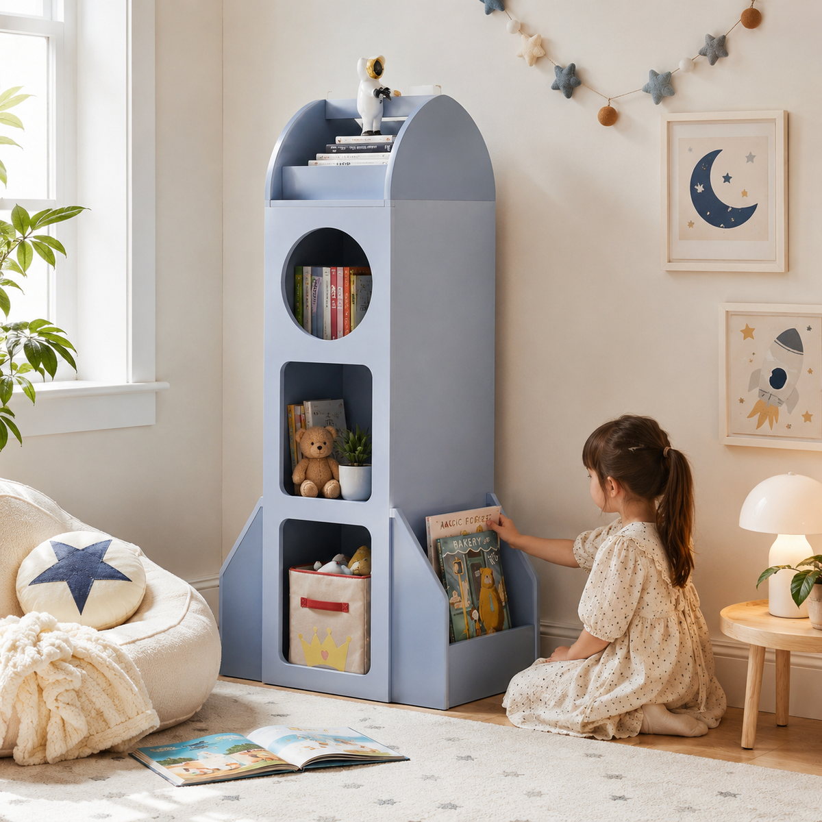 Rocket Ship Kids Bookshelf with Side Book Racks