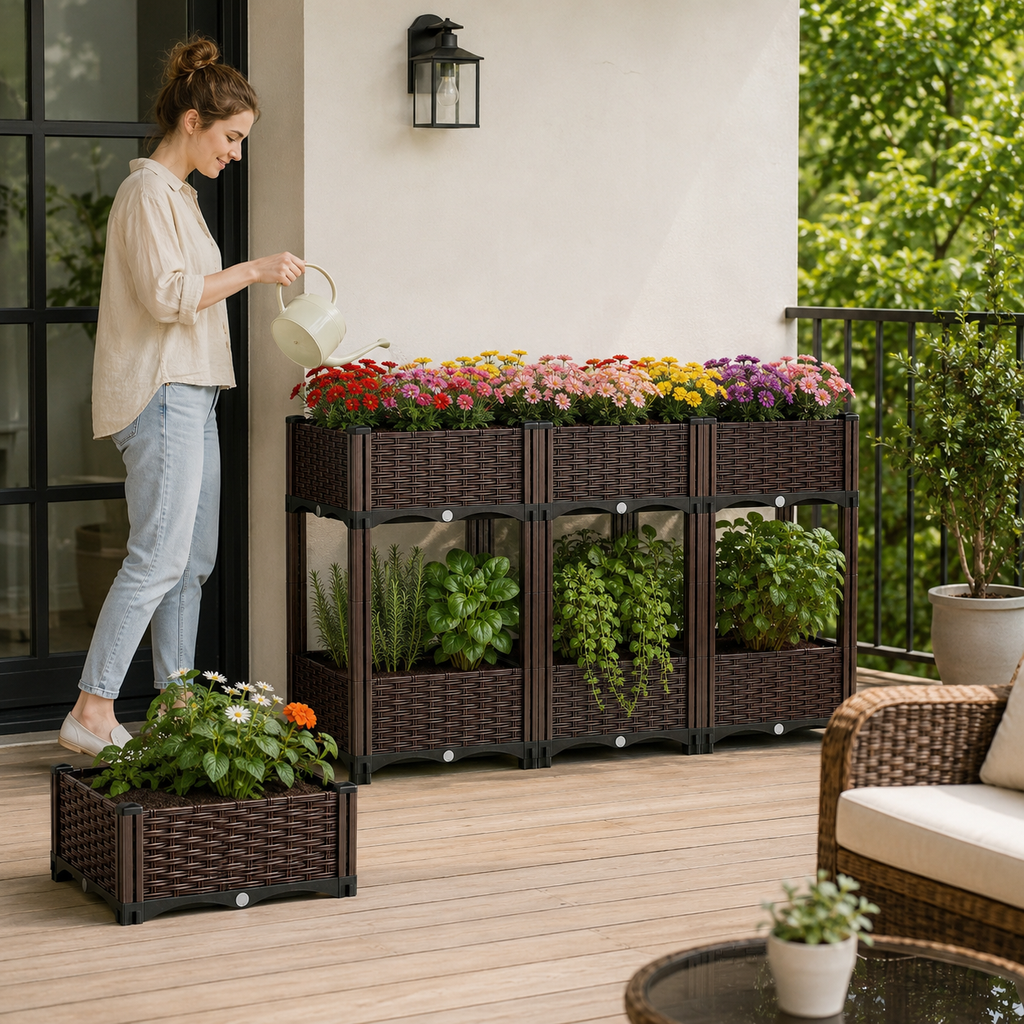 6-Box Rattan-Weave Raised Garden Bed