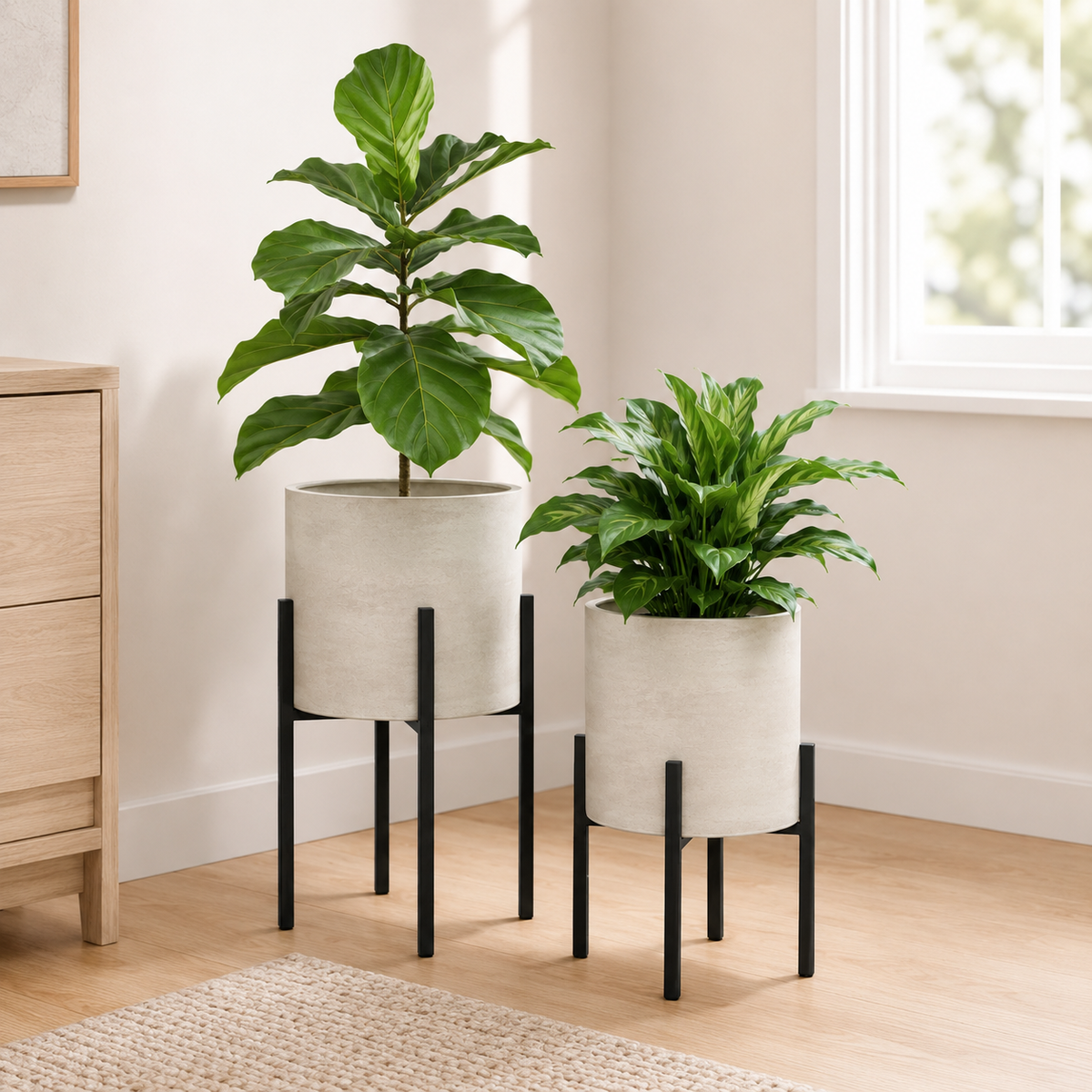 Whitewashed Metal Planter Set of 2 with Stands