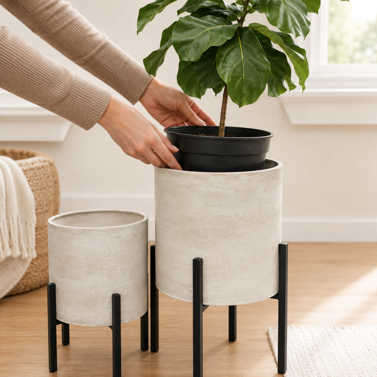 Whitewashed Metal Planter Set of 2 with Stands
