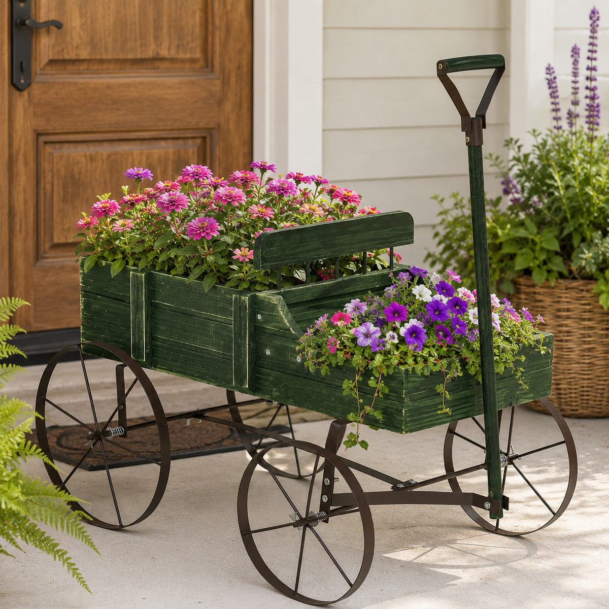 Rustic Wooden Wagon Planter with Metal Wheels