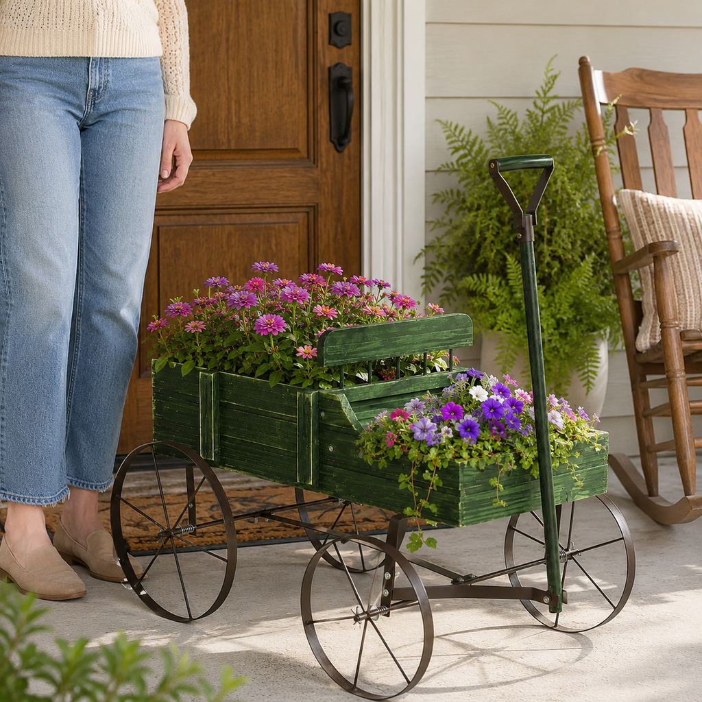 Rustic Wooden Wagon Planter with Metal Wheels