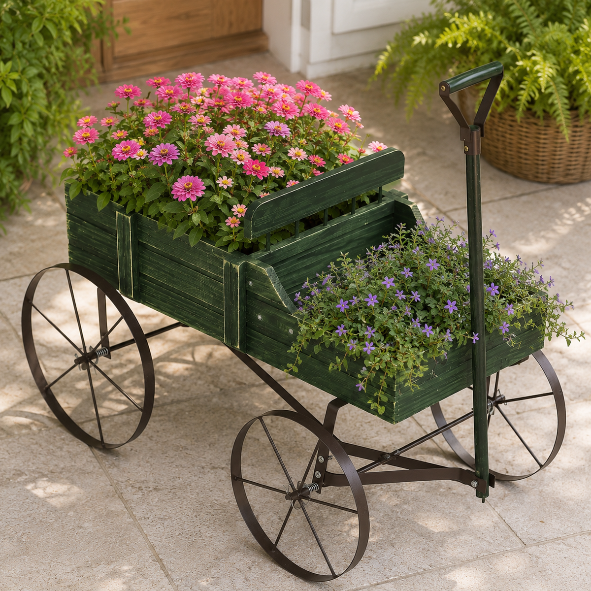 Rustic Wooden Wagon Planter with Metal Wheels