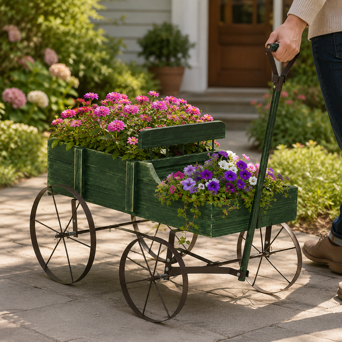 Rustic Wooden Wagon Planter with Metal Wheels