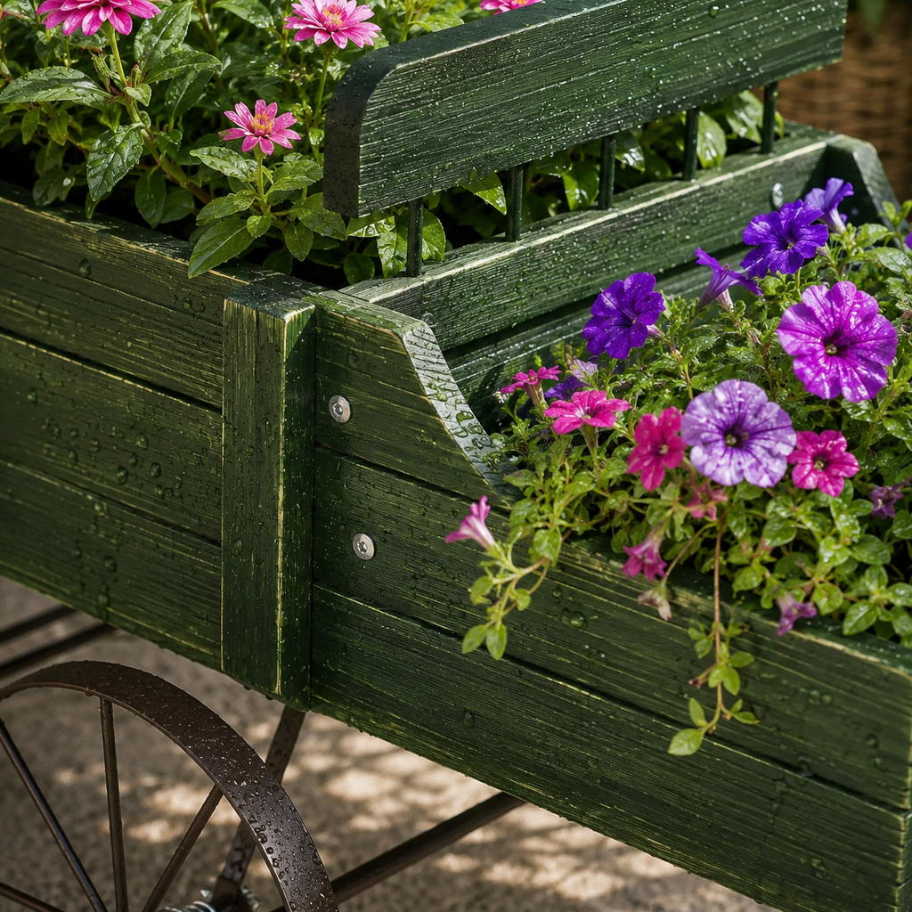 Rustic Wooden Wagon Planter with Metal Wheels