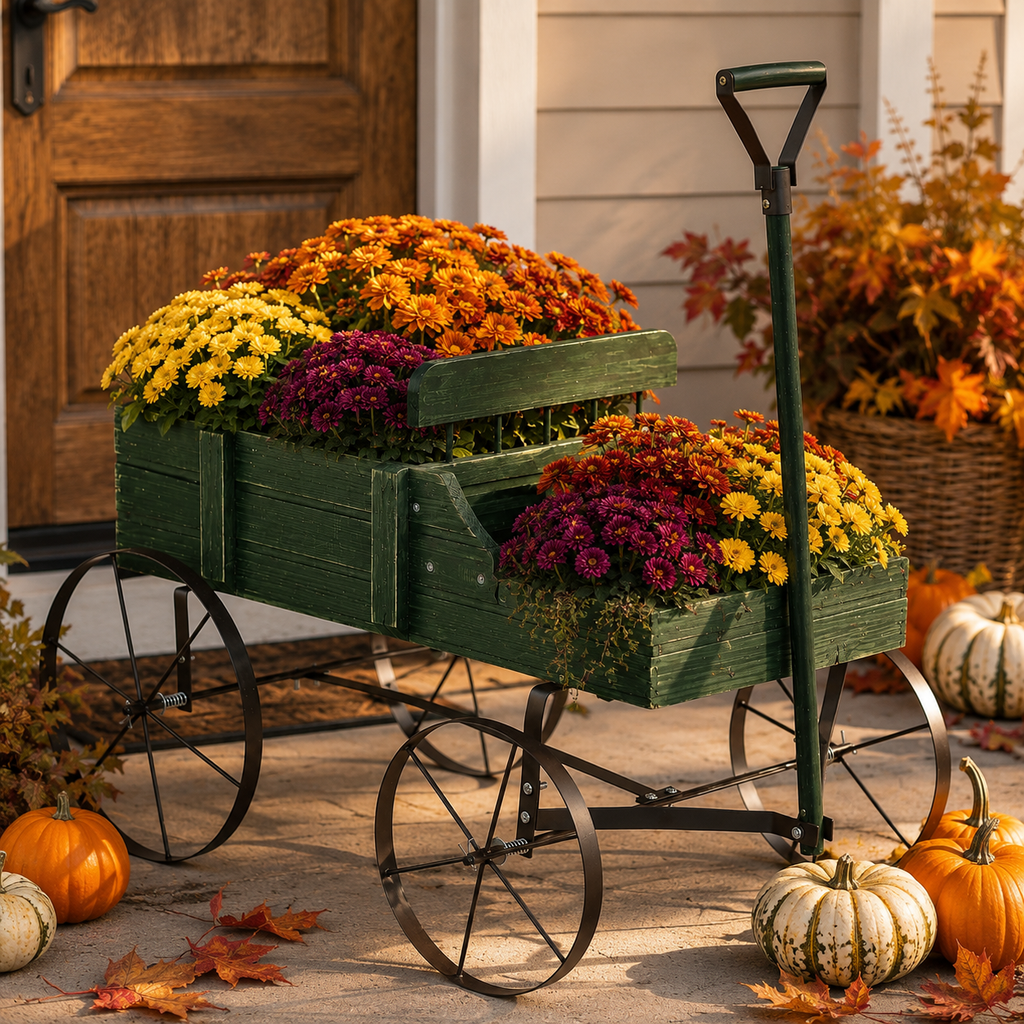 Rustic Wooden Wagon Planter with Metal Wheels