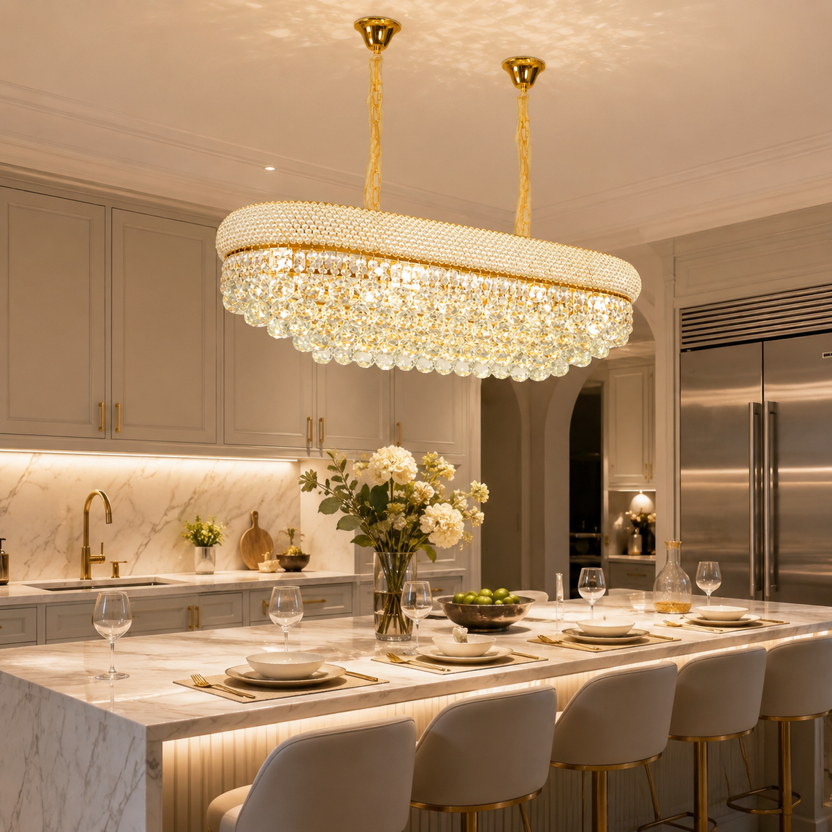 Gold Oval Crystal Chandelier for Kitchen Island