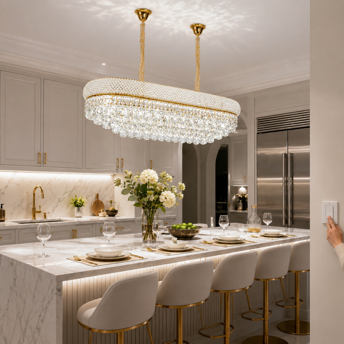 Gold Oval Crystal Chandelier for Kitchen Island