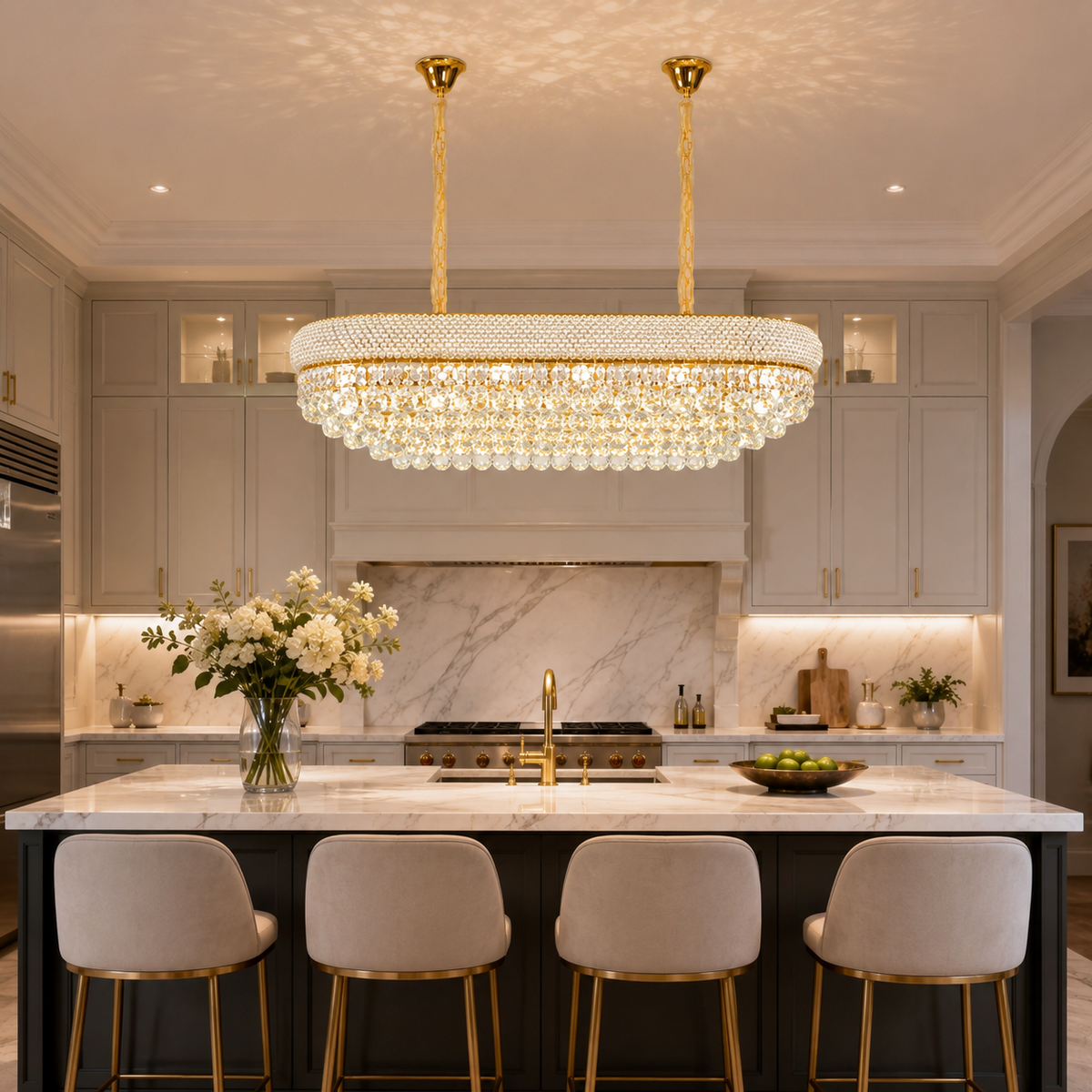 Gold Oval Crystal Chandelier for Kitchen Island