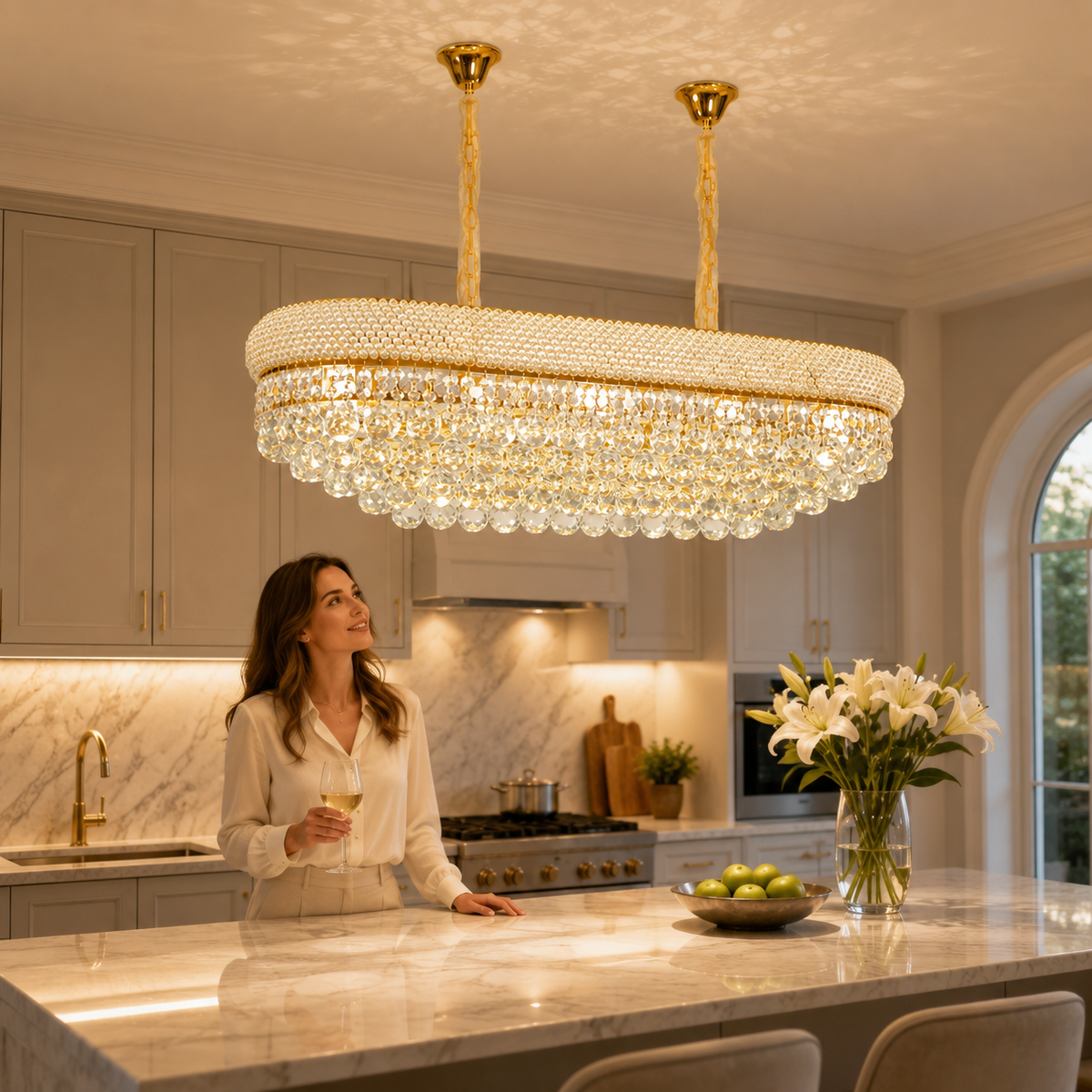 Gold Oval Crystal Chandelier for Kitchen Island