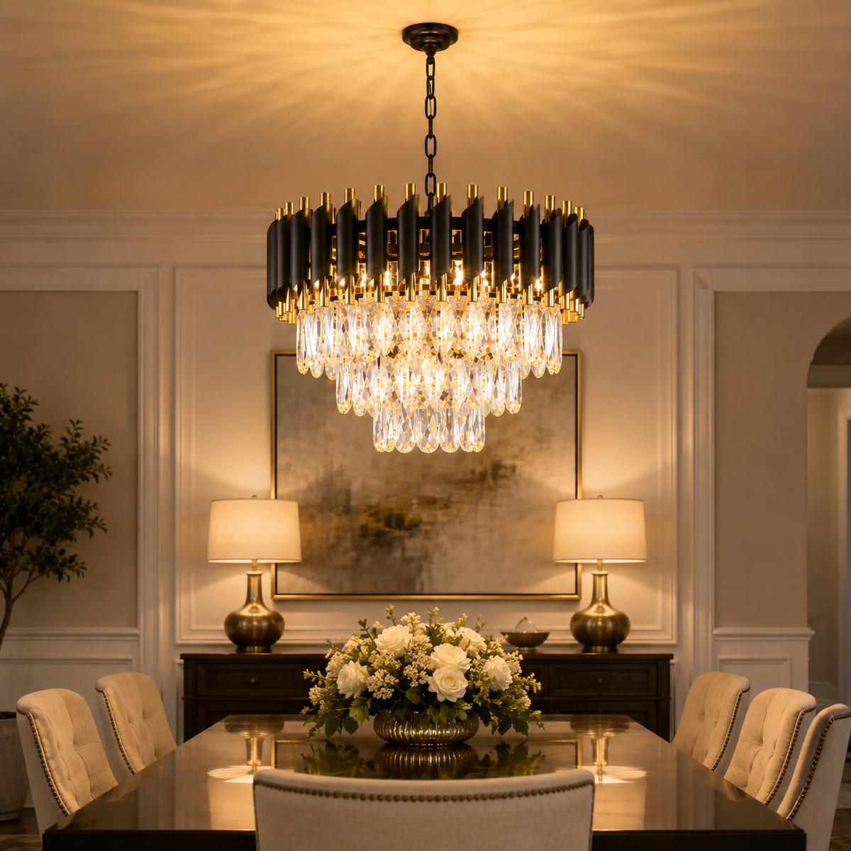 Black and Gold Tiered Crystal Chandelier
