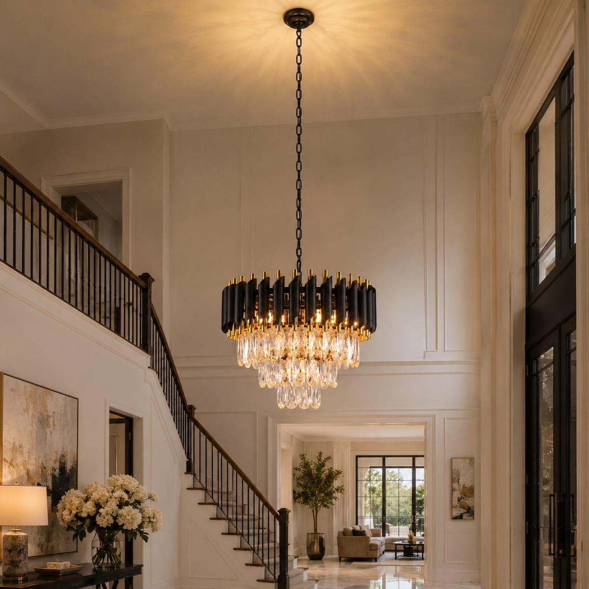 Black and Gold Tiered Crystal Chandelier