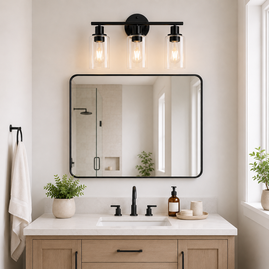 Black 3-Light Glass Vanity Light