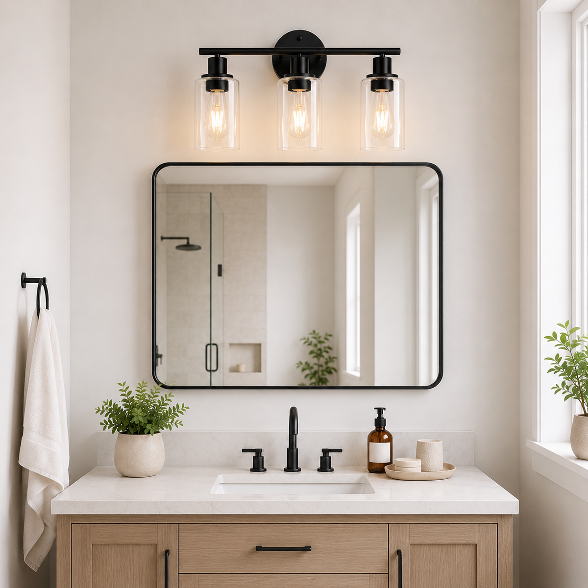 Black 3-Light Glass Vanity Light
