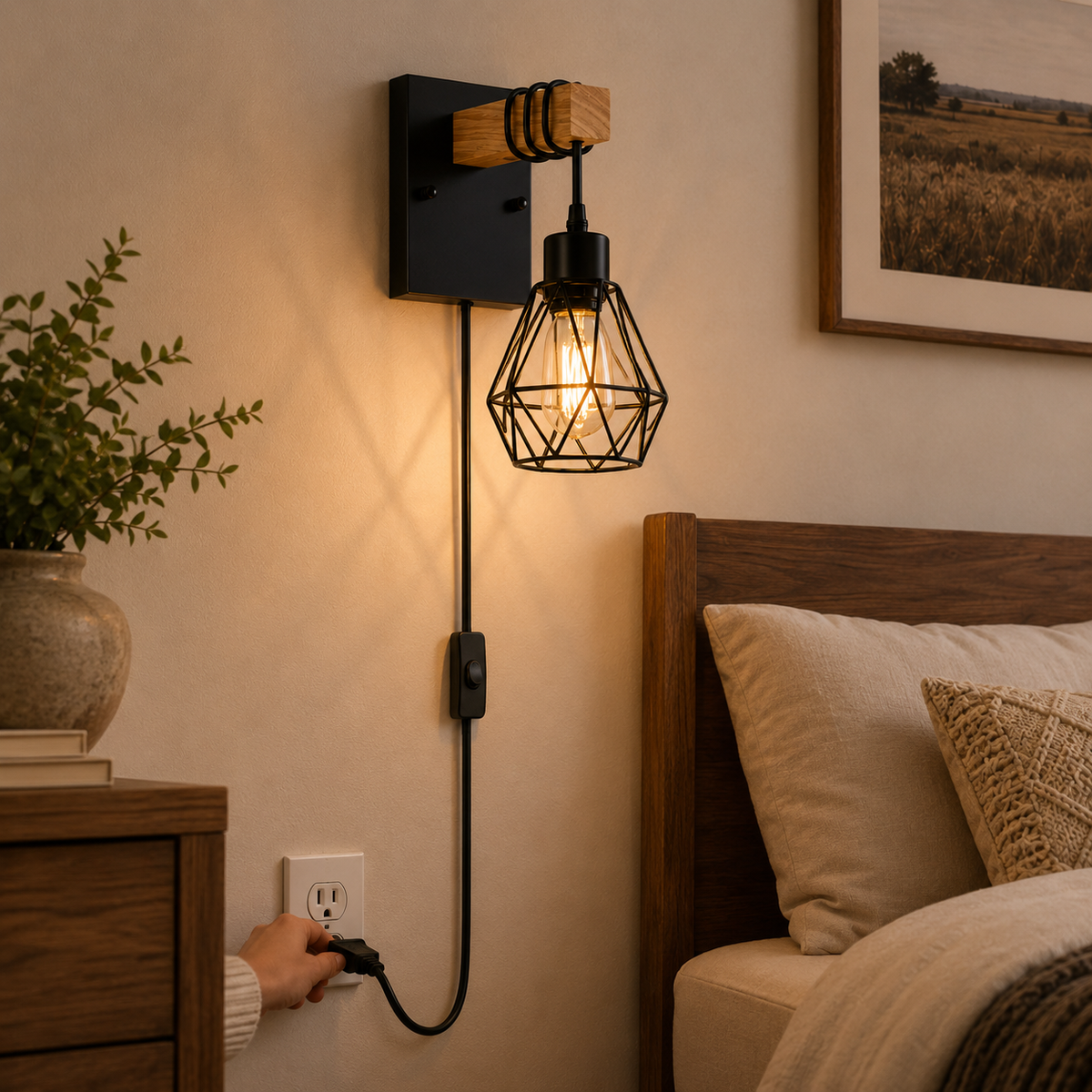 Plug-In Wood Wall Sconce Set of 2