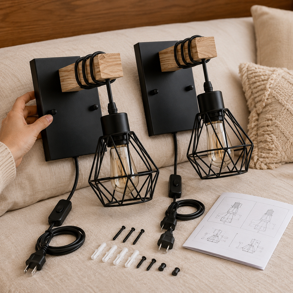 Plug-In Wood Wall Sconce Set of 2