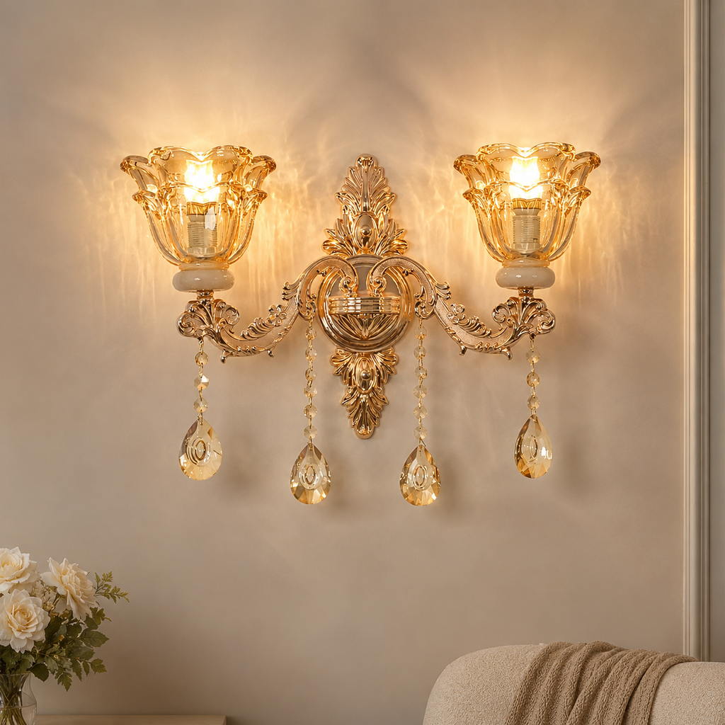 Antique Gold Crystal Floral Wall Sconce