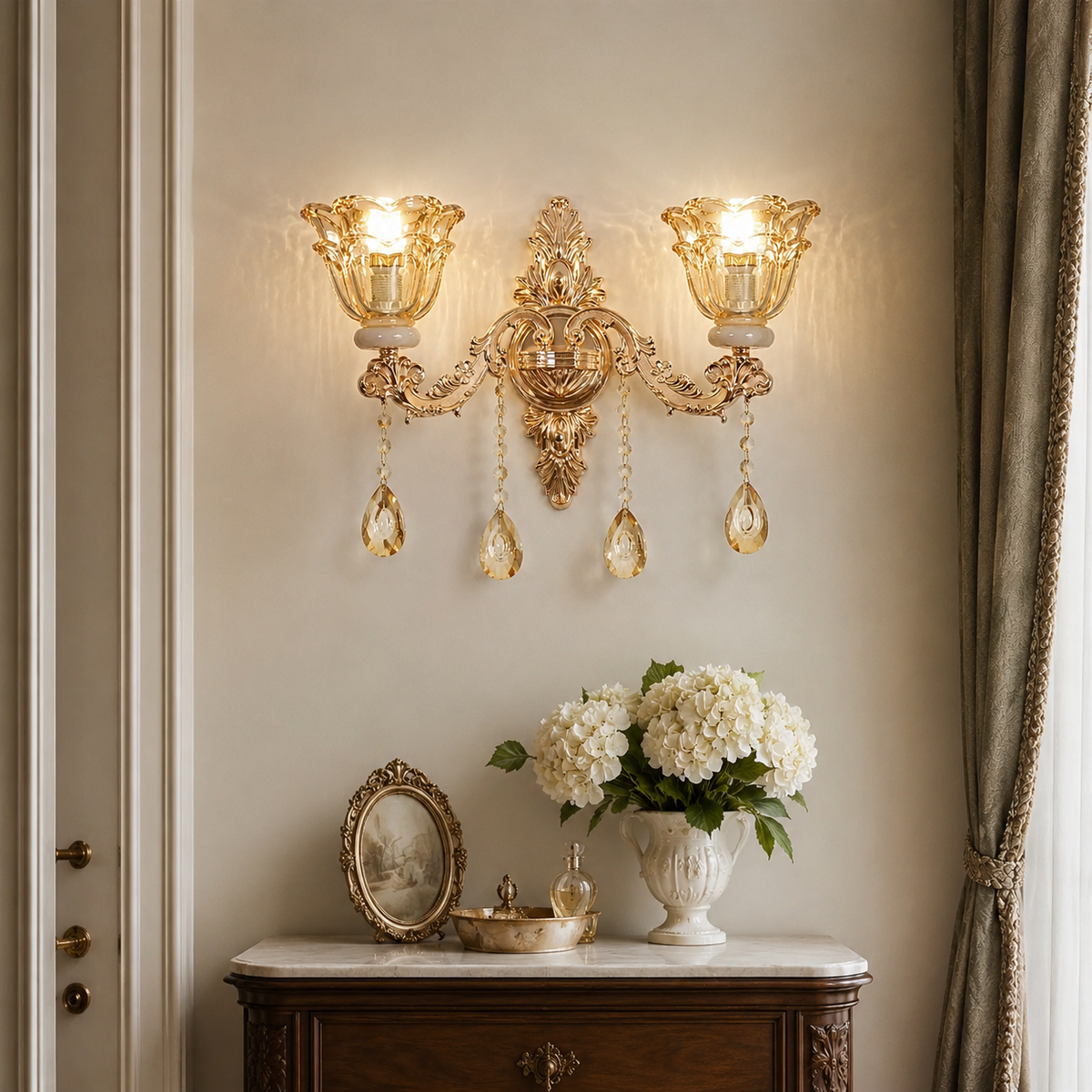 Antique Gold Crystal Floral Wall Sconce