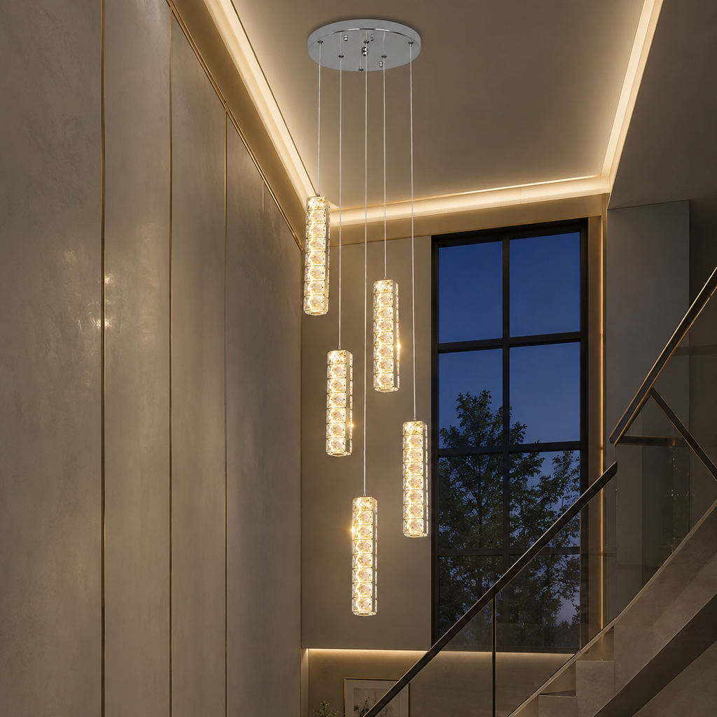 6-Light Crystal Column Cluster Pendant