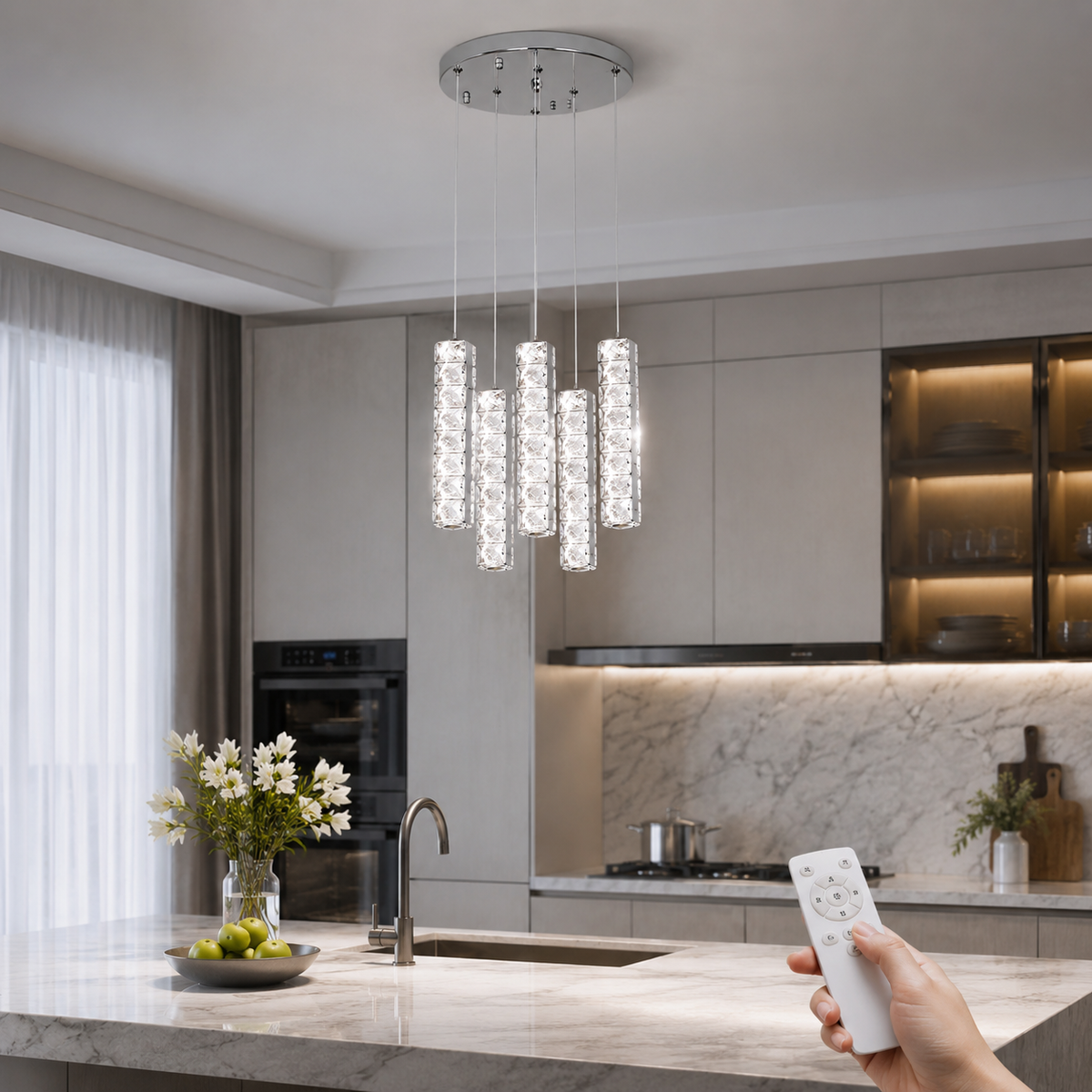 6-Light Crystal Column Cluster Pendant