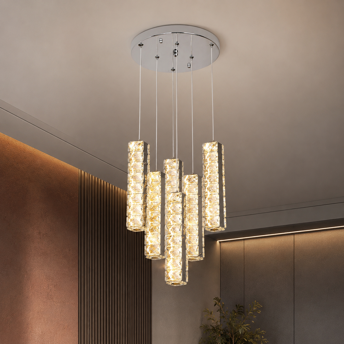 6-Light Crystal Column Cluster Pendant