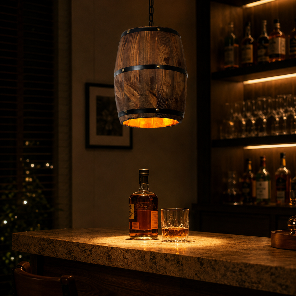 Rustic Wood Wine Barrel Pendant Light