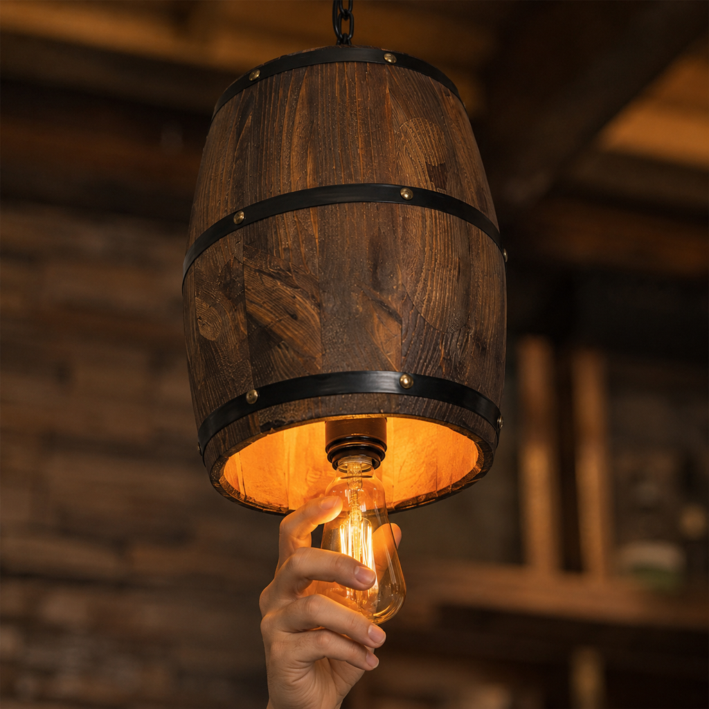 Rustic Wood Wine Barrel Pendant Light