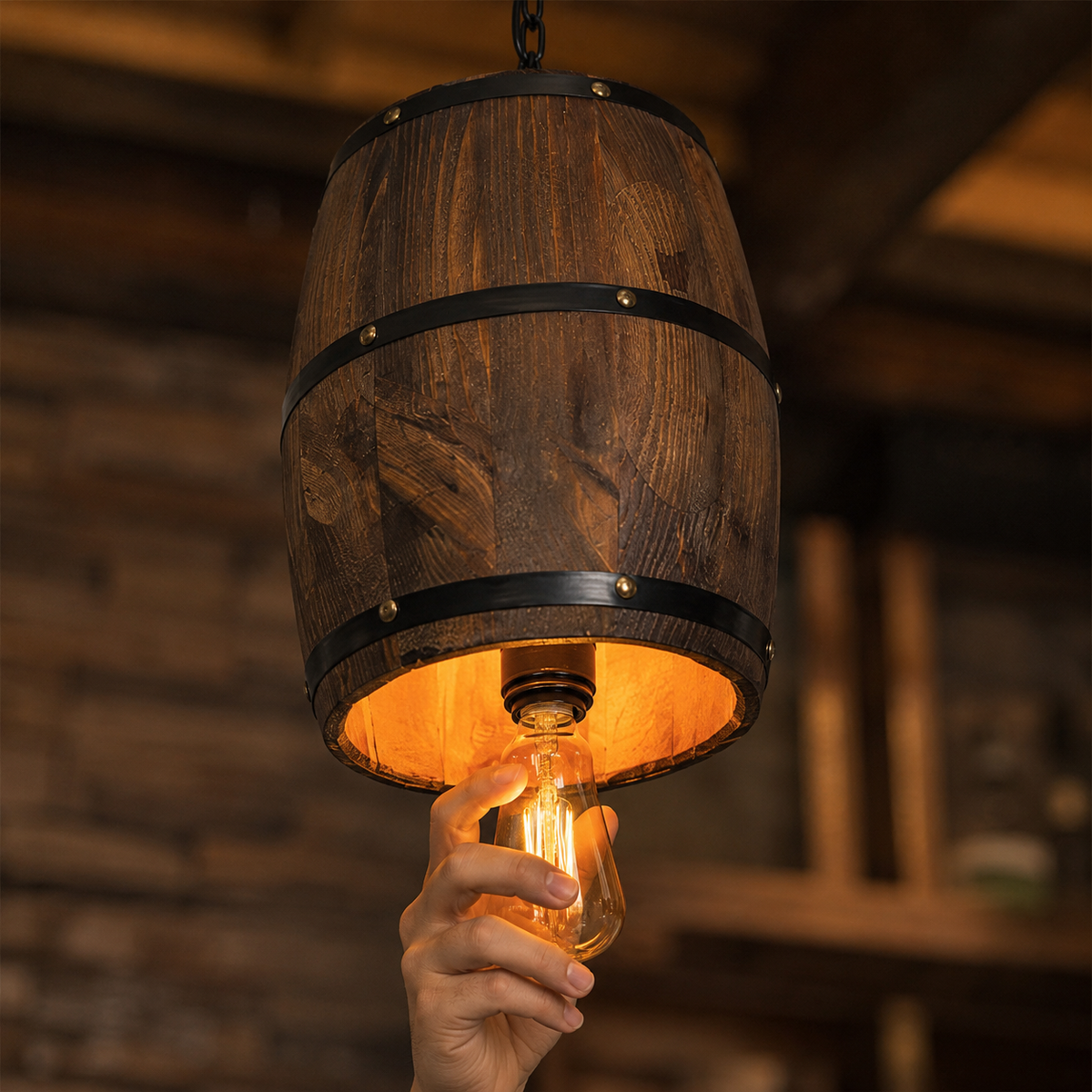 Rustic Wood Wine Barrel Pendant Light