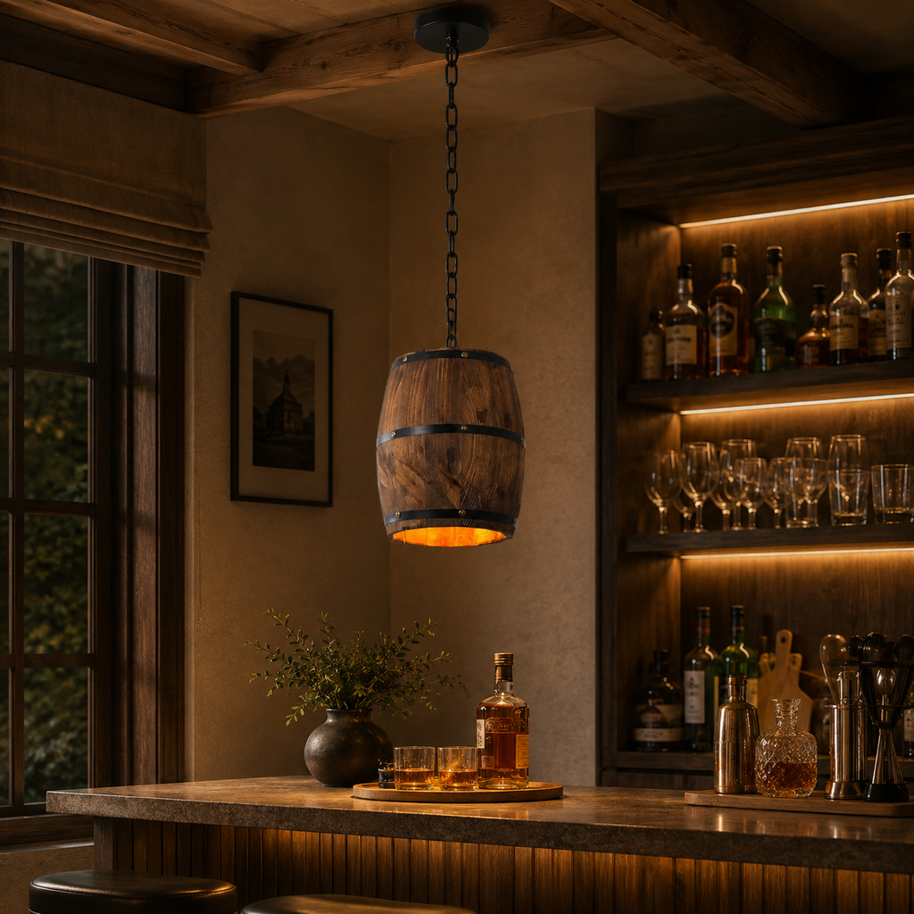 Rustic Wood Wine Barrel Pendant Light