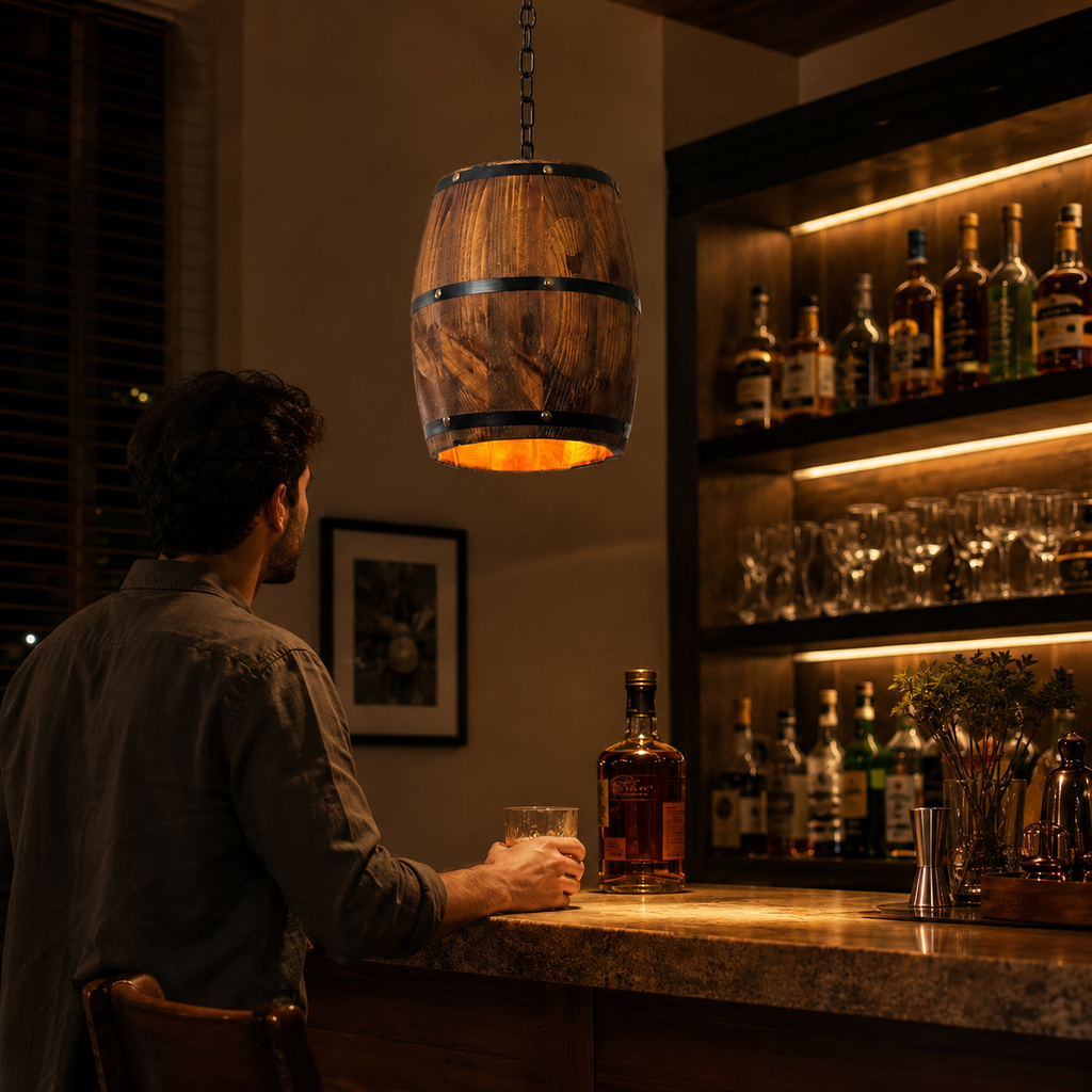 Rustic Wood Wine Barrel Pendant Light