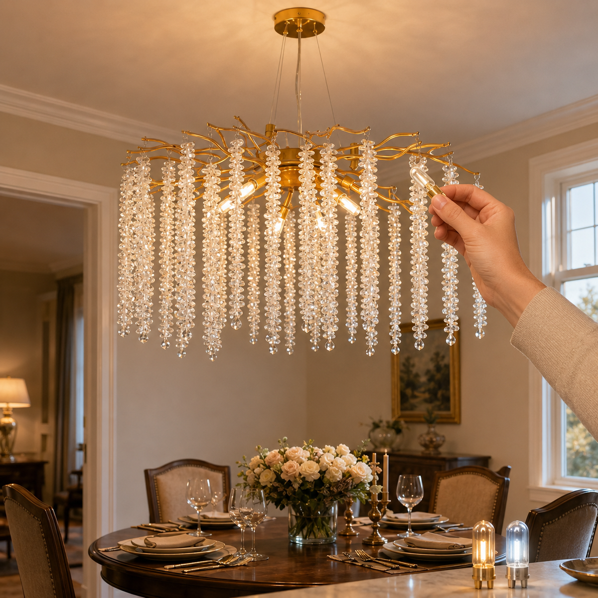 Gold Branch Waterfall Crystal Chandelier
