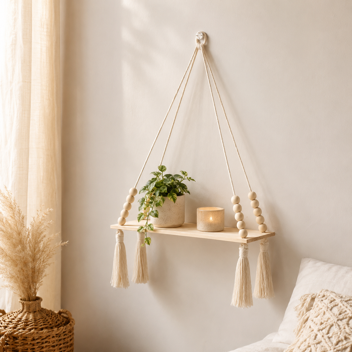 Macrame Rope Hanging Wood Shelf
