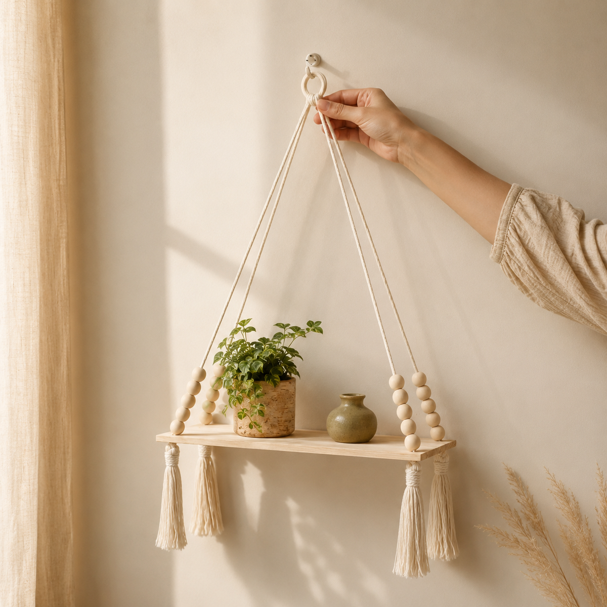 Macrame Rope Hanging Wood Shelf
